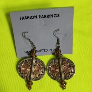 Goldtone brass copper brown beads Dangle wire earrings India made